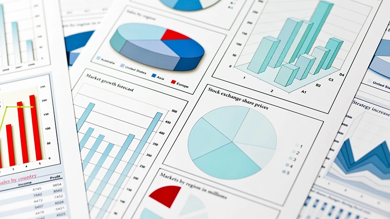 Financial charts and graphs showing investment performance and retirement planning analysis on printed reports.