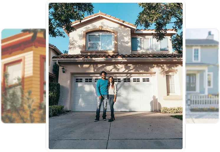 Two people standing in front of a suburban home with attached garage.