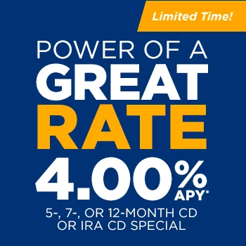 Salem Five promotional graphic advertising a 4.00% APY CD or IRA CD special for 5-, 7- or 12-month terms.