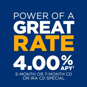 Bank promotional graphic advertising 4.00% APY on a 5‑month or 7‑month CD or IRA CD special with the headline ‘Power of a Great Rate’ on a blue background.