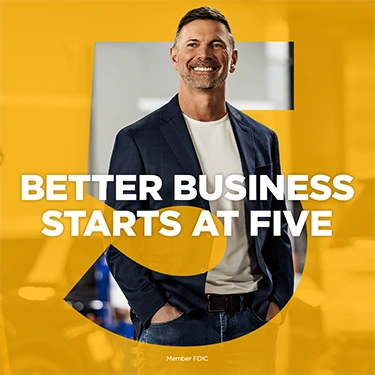 Business professional standing in front of a yellow background with the text “Better Business Starts at Five”